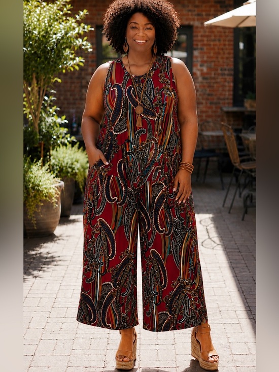 Egy Pants - Paisley Burgundy Print Wide-Leg Jumpsuit (14-16)